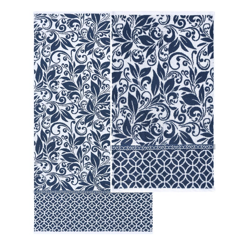 Modern Threads Trefoil Filigree 6-Piece 100% Cotton Towel Set â€“ Reversible Yarn Dyed Jacquard â€“ Includes 2 Bath Towels, 2 Hand Towels, 2 Washcloths â€“ Absorbent, Quick Dry, Soft & Durable â€“ Navy Blue - Image 5